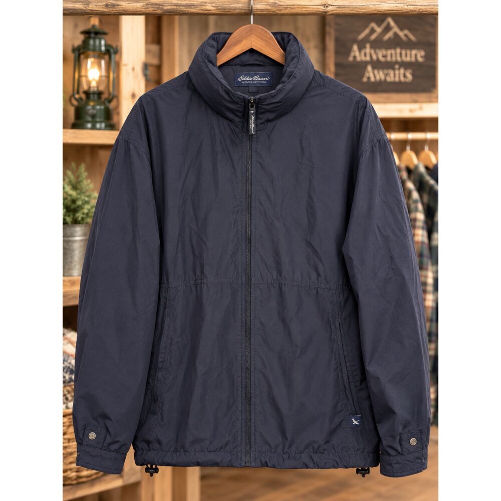 Eddie Bauer Navy Windbreaker Jacket Hidden Hood Full Zip Cotton Lined Large